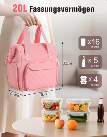 Сумка-холодильник 20 л, рожева: ізольована сумка-ланчбокс з PEVA-підкладкою, кілька відділень та плечовим ременем для роботи, школи, авто, пікніка