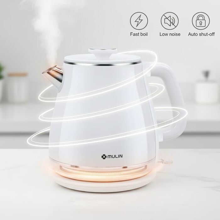 Електричний чайник MULIN Retro, 1.8 л, 2200 Вт, з поворотним підставою 360°, швидке кип'ятіння, автоматичне відключення (білий)