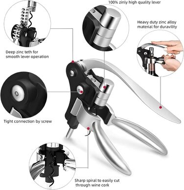Waiter's knife, wine opener, professional corkscrew made of stainless steel, bottle opener with foil cutter, wine aerator pourer and vacuum stopper, wine accessories. (9-piece stainless steel)