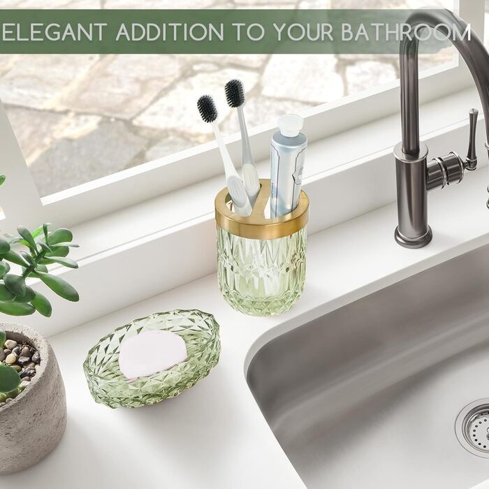 Набір аксесуарів для ванної кімнати скляний 5 предметів Lotionspender, мильниця, тримач для зубних щіток, стакан, декор (Зелений)