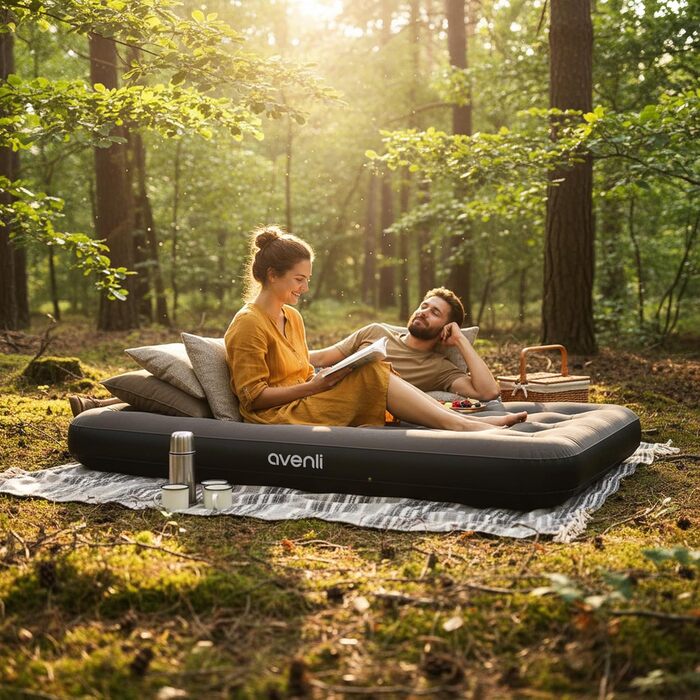 Надувний матрац Avenli для кемпінгу 1-2 особи, 191x137x22 см, сірий - гостьовий матрац з флокованою поверхнею для дому та подорожей