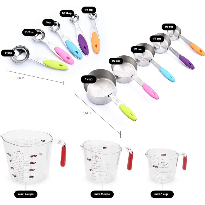 13-Piece Measuring Cup and Spoon Set including 10 Stainless Steel Measuring Spoons and 3 Plastic Measuring Cups - from Elitra Home