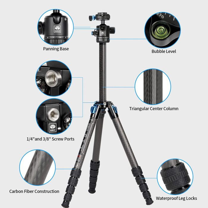 Штатив SIRUI ST-125+ST-10X з відеоголовою для панорамної зйомки, карбонове, для DSLR, 4 секції, 166см, 3кг