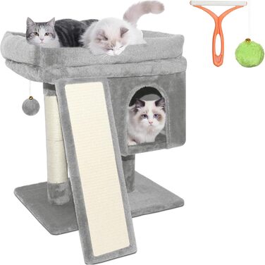 Дряпальня для котів великих порід, 60 см, сірий, з платформою, сизаль, пандус, будиночок, м'ячики, щітка