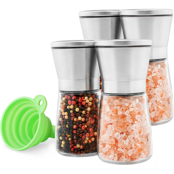 Набір з 4 мельниць для солі та перцю Gucass з регульованим керамічним жорном, ручні, сріблясті