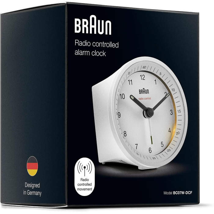 Classic Braun analog radio alarm clock for Central European Time (CET/GMT+1) with snooze function and illumination, quiet movement, crescendo alarm in white, model BC07W-DCF