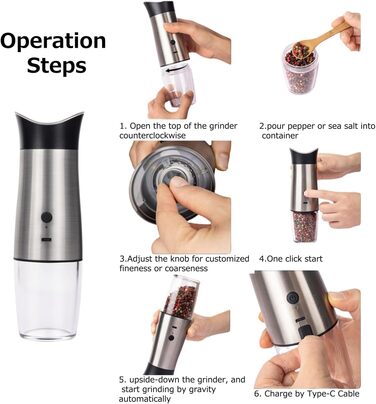 Gravity Electric Salt and Pepper Grinder Set, USB Rechargeable, Automatic, One-Handed Operation, Grinder for Kitchen, Grill, Adjustable Coarseness, Silver, 2 Pieces