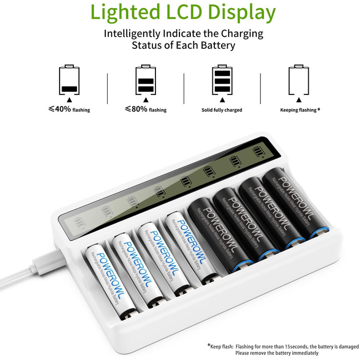 Зарядний пристрій Powerowl з LCD екраном для акумуляторів NI-MH NI-CD AA AAA (Micro-USB, незалежний слот), білий
