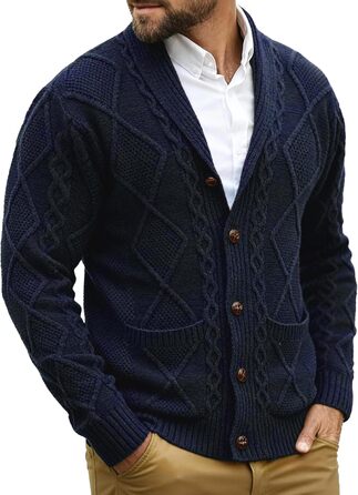 Чоловіча в'язана жилетка Comdecevis з коміром-шарфом, рельєфним в'язанням, ґудзиками, довгими рукавами, повсякденна, з кишенями, розмір L, темно-синій