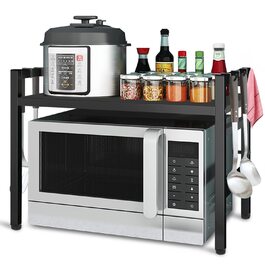 Підставка для мікрохвильової печі Todeco, 2-ярусна, чорна, з 6 гачками, регульована (36-60) x 36 x 44 см, до 25 кг