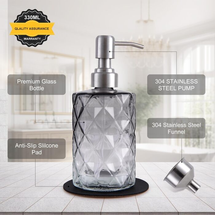 Дозатор мила скляний для ванної кімнати, наповнюваний помповий дозатор для кухні з нержавіючим тримачем, 2 підставки, 330 мл, вінтажний дозатор мила з матовим насосом (сірий)