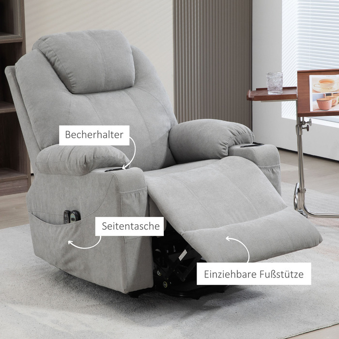 HOMCOM Electric Recliner with Stand Assist, Relax Recliner with Lie-Flat Function, Heating Function, 1 Motor, Massage Function, Pocket Spring, Light Grey | Aosom