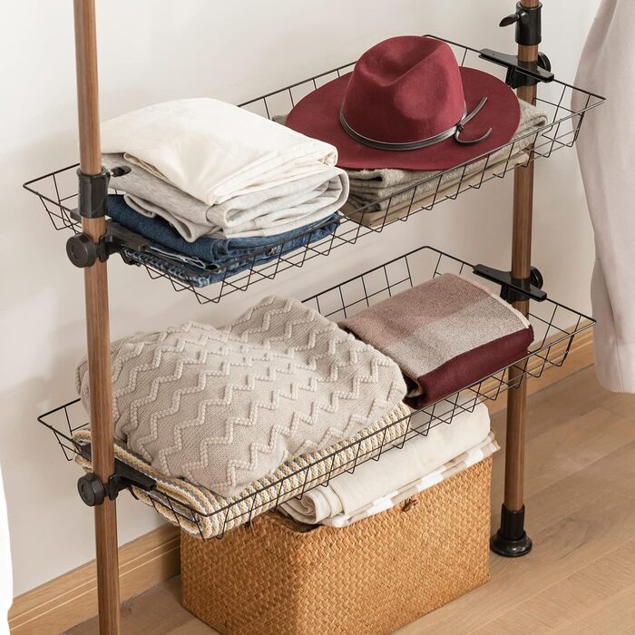 SoBuy KLS04-SCH Telescopic Clothing Rail with 5 Garment Rails and 2 Baskets Telescopic Wardrobe System Adjustable Shelf System B (209-311) x H (200-285) cm (Brown)