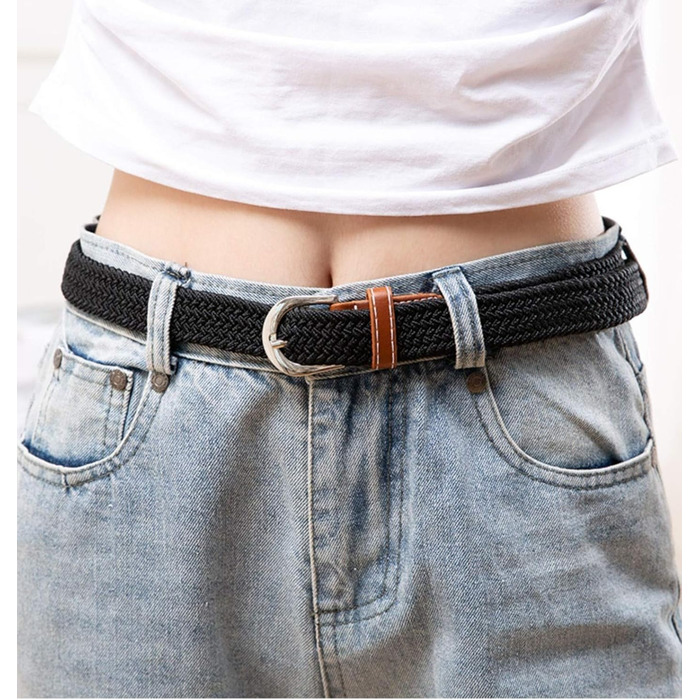 Жіночі еластичні пояси Chalier (2 шт.) – плетений стрейч, чорний та темно-синій, універсальний розмір (темно-синій та білий, коричневий та чорний)