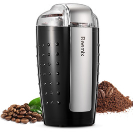 Електрична кавомолка Reemix, 100г, 2-в-1 (кава та спеції), з нержавіючої сталі, тиха, з щіткою та ложкою, чорна