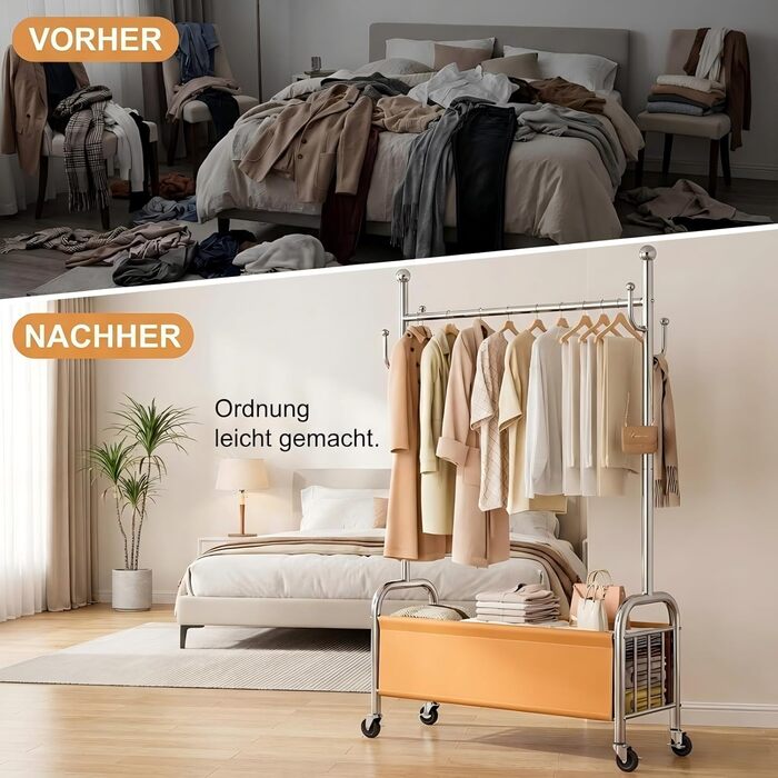 Вішалка для одягу сталева з кошиком для зберігання, навантаження до 115 кг, 3-в-1, для спальні та передпокою UP-R02