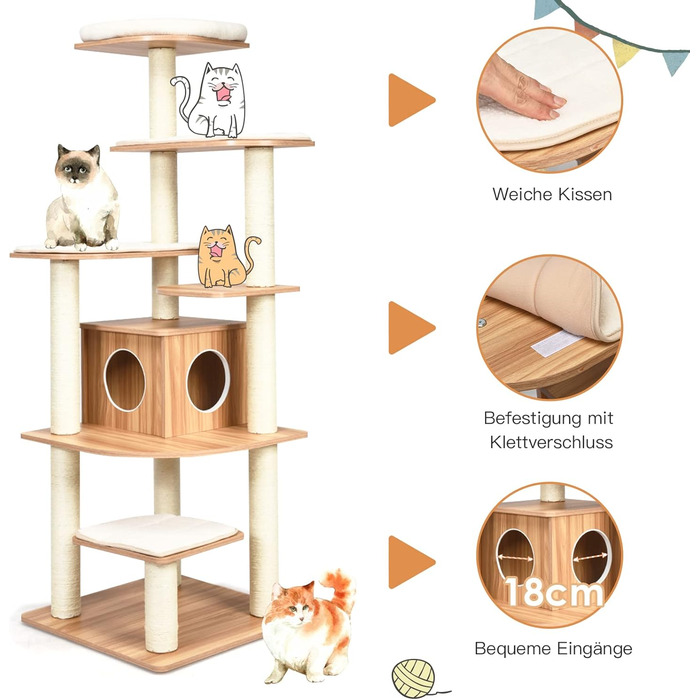 Кліматичний комплекс для котів GOPLUS Katzenbaum 175 см: 6 платформ, дерев'яна печера, ігровий комплекс, котячі меблі