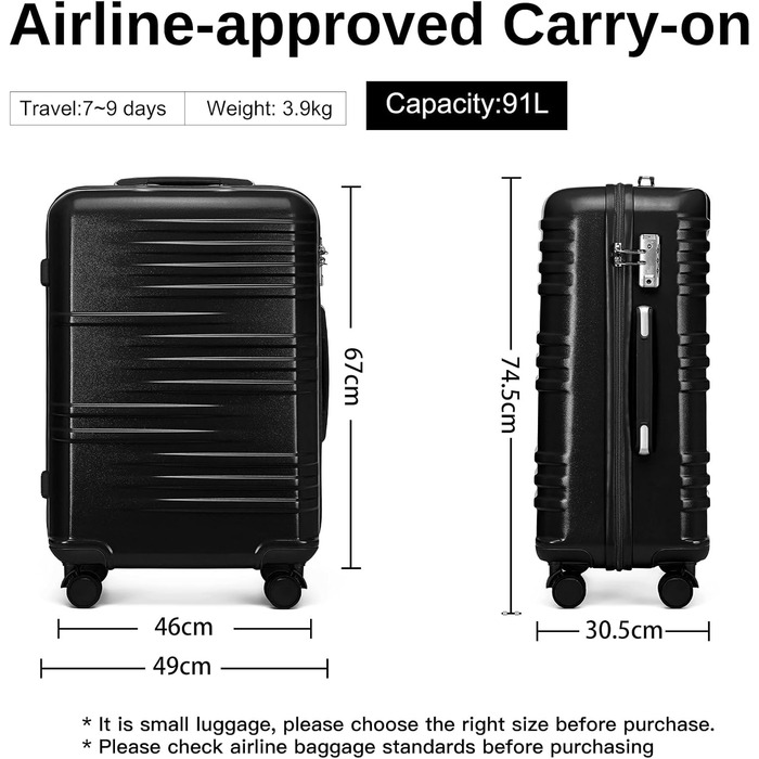 Чемодан ручної опішки British Traveller, середній, 64*43*26.5 см, з TSA-замком, ABS+PC, 24'+28' (Чорний)