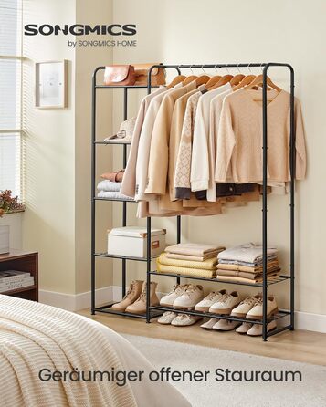 SONGMICS Clothes Rack, Open Closet, Clothes Rail, Coat Rack with Shelves, Metal Wardrobe, Freestanding, Matte Black LGR462B01