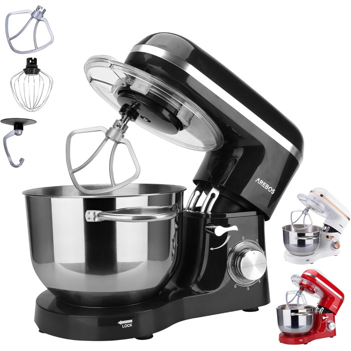 Arebos 1500W Stand Mixer with 6L Stainless Steel Bowl | Black | Includes Dough Hook, Whisk, Beater | Splash Guard | 6 Speed | Kitchen Mixer | Dough Machine