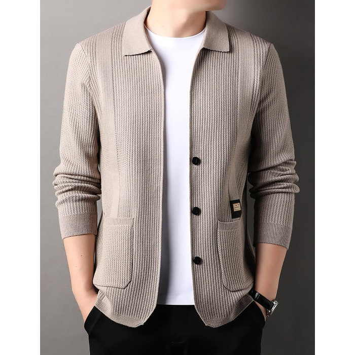 Чоловічий в'язаний жакет з ревером та довгими рукавами, з кишенями, бежевий, для осені