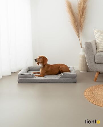 Ортопедичне ліжко для собак Lionto з піднятим бортиком, 97x71x17 см, м'який фланелевий килимок, знімний та пральний чохол, неслизьке, для собак та котів, сірий