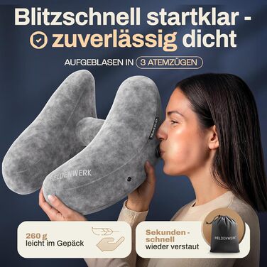 Подушка для шиї HELDENWERK® Air: 5 положень, регульований тиск, знімний капюшон | Подушка для подорожей на літаку/автомобілі, м'яка, сірого кольору, велика