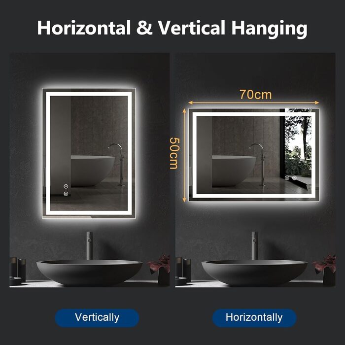 Дзеркало для ванної кімнати зі підсвічуванням 70x50 см, антизапар, сенсорне керування, 3 кольори світла, регулювання яскравості