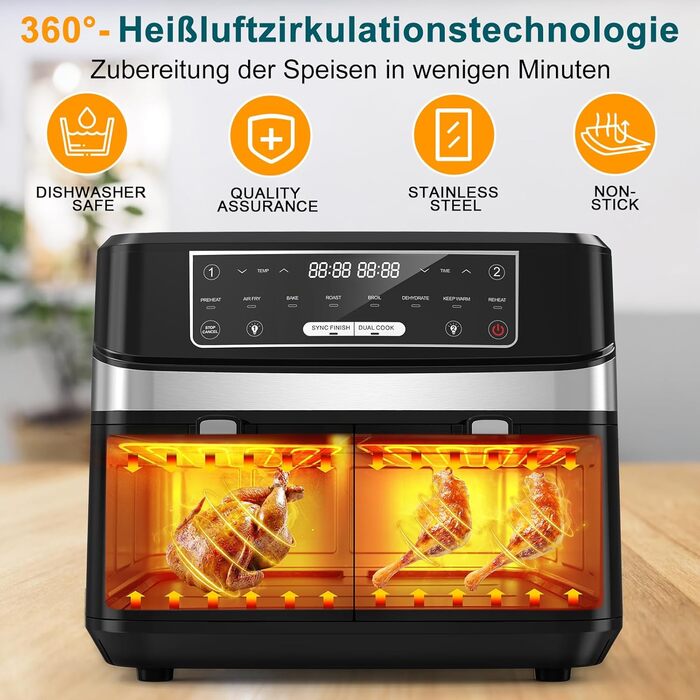 Фритюрниця повітряна з 2 камерами та вікном, 10л XXL, 8-в-1, сенсорний дисплей, таймер, без олії, здорове приготування