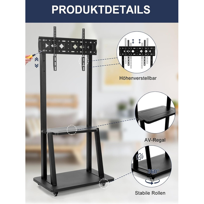 Підставка для телевізора на колесах, мобільний телевізійний візок для 32-75 дюймів LED/LCD/OLED, регульована по висоті, чорна, з полицями для ноутбука та DVD
