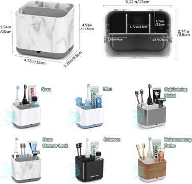 Тримач для зубних щіток електричної, з дренажними отворами, з імітацією текстури дерева, органайзер для зубних щіток на 4 щітки, легкий у чищенні, для ванної кімнати (сірий мармур, середній)