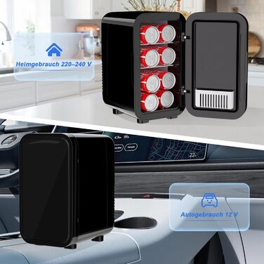 YASHE Mini Fridge - 6 Liter / 8 Can Portable Cooler - 220-240V AC/DC - Black - For Bedroom, Skincare, Drinks, Office, Dorm & Car