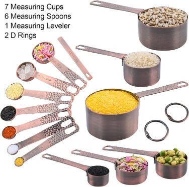 Measuring Cups and Spoons Set, 6 Copper Measuring Cups and 7 Stainless Steel Measuring Spoons with Leveler, Bronze, 13-Piece