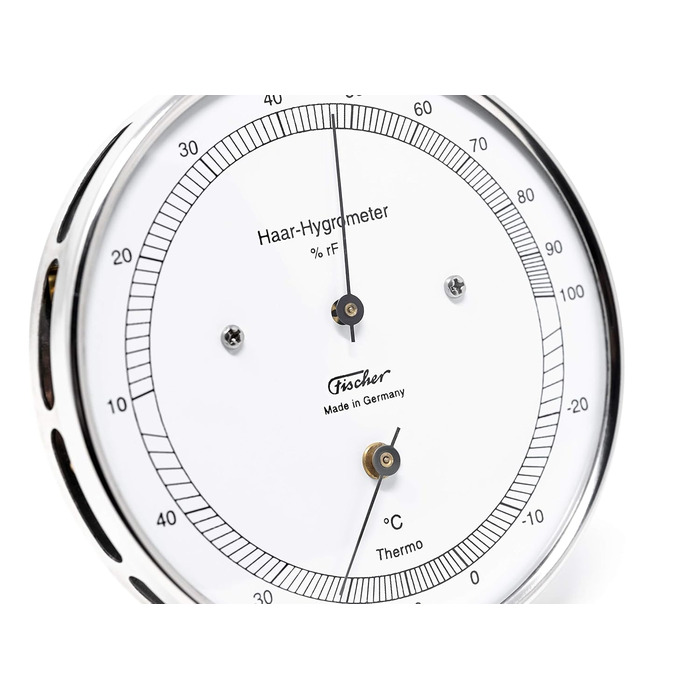 Fischer 111.01T - Hair Hygrometer & Thermometer - 103mm Outdoor Humidity Meter Made in Germany – Stainless Steel Silver