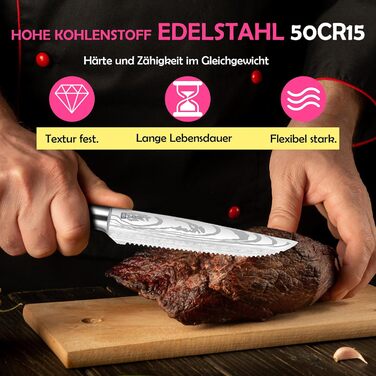 Японський ніж JUANSHI® 13 см, універсальний ніж для кухні - професійний ніж з ручкою з паккавуду з високоякісної нержавіючої сталі з вуглецевої сталі, 2024227 (ніж для стейка 11.4 см)