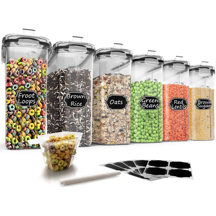 Wildone Muesli Container Set made of Plastic, 6 Large (16.9 Cups, 384 ml), Airtight Food Storage Containers – Leakproof, BPA-Free Muesli Dispenser | Flour, Dry Food with Black Lid