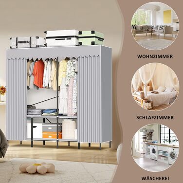 Wardrobe, Portable Shelf System, 20 Cube DIY Shelf System Wardrobe Open Plastic Wardrobe with Doors Wardrobe Cabinet White 180 x 142 x 37CM (With Fabric Cover 138x170x48cm)
