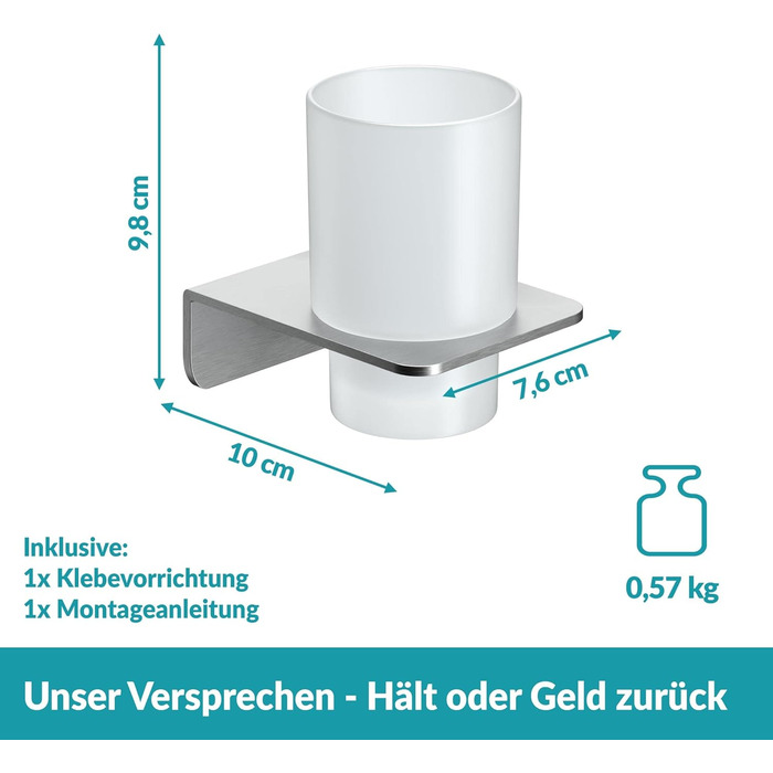 WEISSENSTEIN Toothbrush Holder without Drilling | Cup and Toothbrush Holder to Glue to the Wall | Stainless Steel Holder and White Glass | in Silver