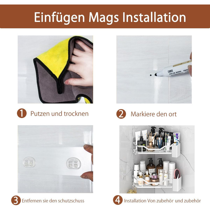 Поличка для душу без свердління, кутова, 2 шт., органайзер для ванної кімнати з 4 гачками, чорна. (B-weiß)