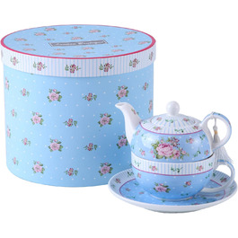 London Boutique Teapot and Cup, Vintage, Viktoria, Porcelain, in Gift Box, Ceramic, 15x15cm (Blue)