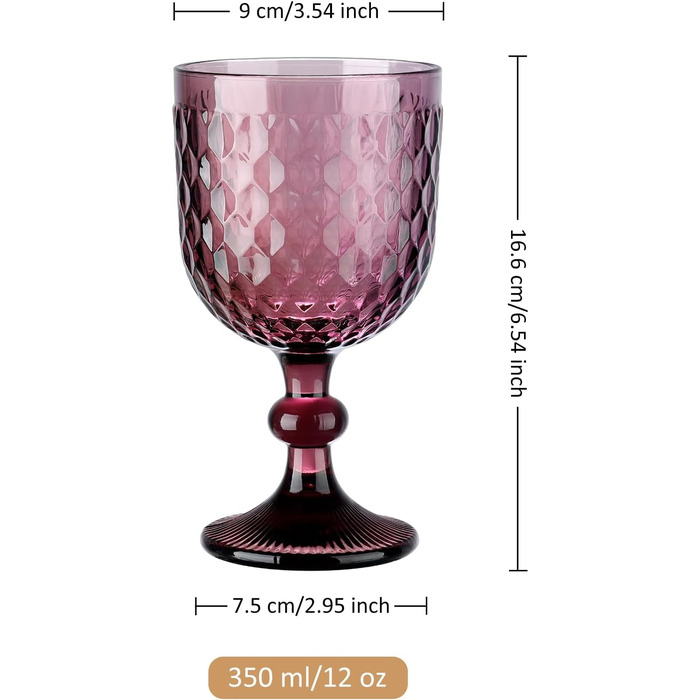 Joeyan 350ml Violet Vintage Wine Glasses with Diamond Embossed Design, Colorful Goblet Glasses Wine Goblet Set for Wine Juice Drinks, Set of 4 Retro Glasses with Stem, Dishwasher Safe