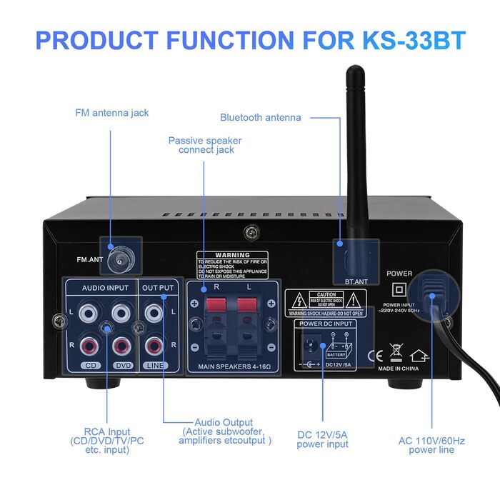 Міні підсилювач 60Вт+60Вт Bluetooth стерео, цифровий Hi-Fi аудіо підсилювач для дому та авто, USB, SD, FM, MIC, LCD дисплей, 12V/230V, 2-канальний (33BT)