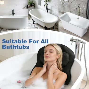 Подушка для ванни Ganz Körper (Чорна) з підголовником для підтримки шиї, спини та ніг. Товста ванна килимок з присосками та гачками.