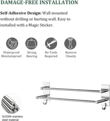 Тримач для рушників Vista без свердління, подвійний, 43.5 см, нержавіюча сталь, для ванної кімнати та кухні, самоклеючий