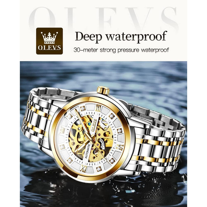 Чоловічий механічний годинник OLEVS Skeleton Automatic — золотий корпус, сталевий браслет, сріблястий циферблат, водонепроникний, люмінесцентний