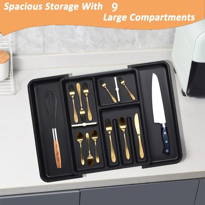 Органайзер для столових приборів ZHUlYIWIN в шухляду, розсувний, з тримачами для ножів, чорний