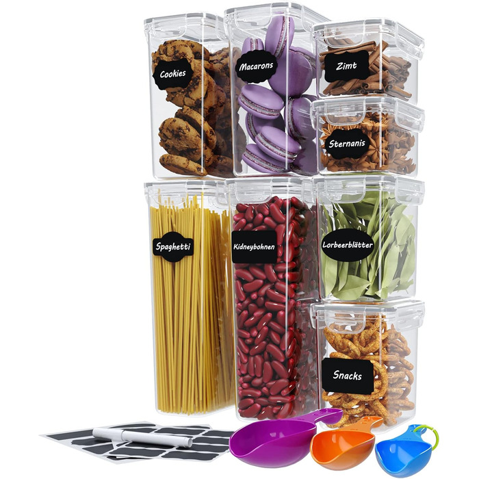 Набір контейнерів Wellgro для зберігання з етикетками, крейдою та мірними ложками. Контейнери для зберігання з кришкою, BPA-free, герметичні, стійкі до протікання, придатні для миття в посудомийній машині, 8 штук