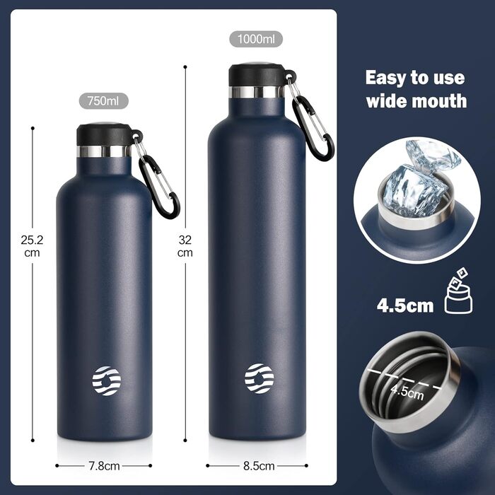 FEIJIAN FJbottle 316 Stainless Steel Vacuum-Insulated Water Bottle 750ml/1000ml with Carabiner, BPA-Free Bottles, Leak-Proof Sports Bottle for Sports, Work, and Travel