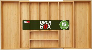 Універсальний органайзер для столових приборів Orga-Box з бамбука, розсувний, на 9 відділень, для шафи шириною 700-900 мм, глибина шухляди 473 мм
