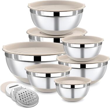 Набір місок для перемішування BEWOS 7 шт. з кришкою, нержавіюча сталь, набір місок з терткою, вкладна конструкція, колір хакі, протиковзкі дна, об'єм 0.5, 1, 1.4, 1.85, 2.35, 3.2, 4 л для змішування та подачі